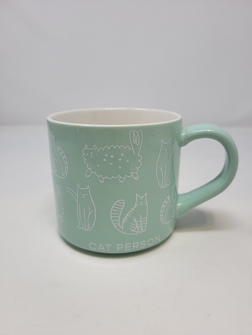 Parker Lane Cat Person Coffee Tea Mug Cup Mint Green White 16 Oz Stoneware